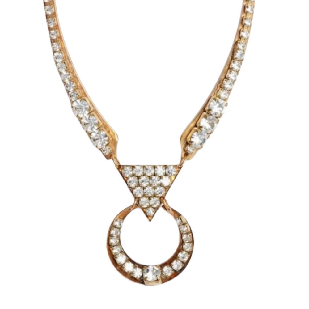 Sandy Hyun  Necklace Sculpted Charms w Shimmering Crystals Spring Ring Closure